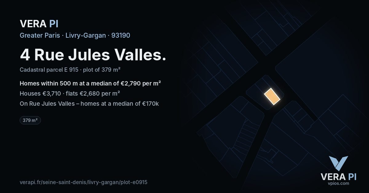 4 Rue Jules Valles, Livry-Gargan at night – the plot lit, the parcels around coloured by the prices near them