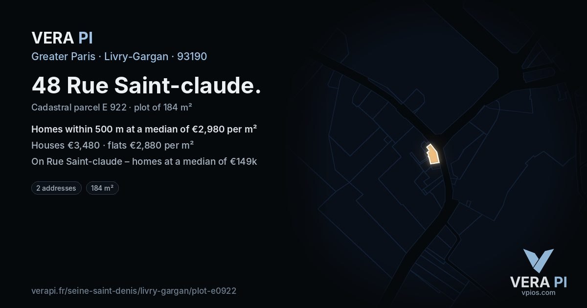48 Rue Saint-claude, Livry-Gargan at night – the plot lit, the parcels around coloured by the prices near them