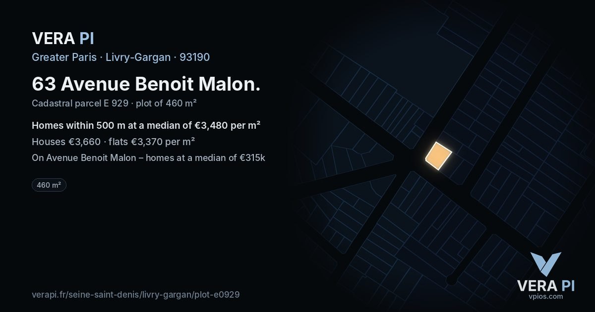 63 Avenue Benoit Malon, Livry-Gargan at night – the plot lit, the parcels around coloured by the prices near them
