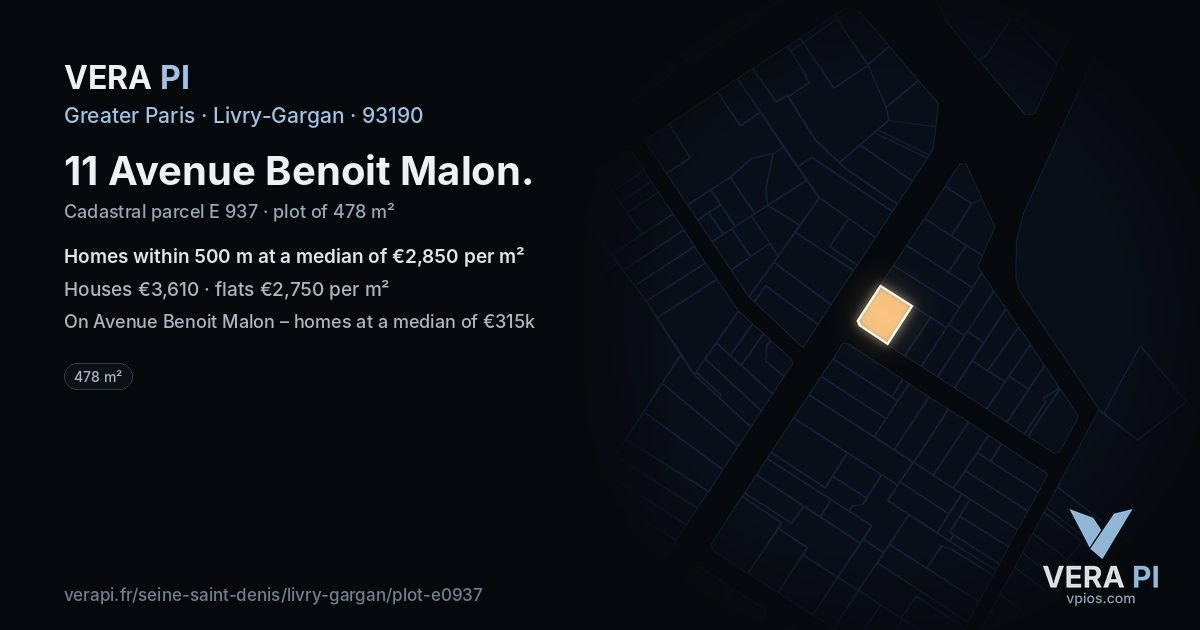 11 Avenue Benoit Malon, Livry-Gargan at night – the plot lit, the parcels around coloured by the prices near them