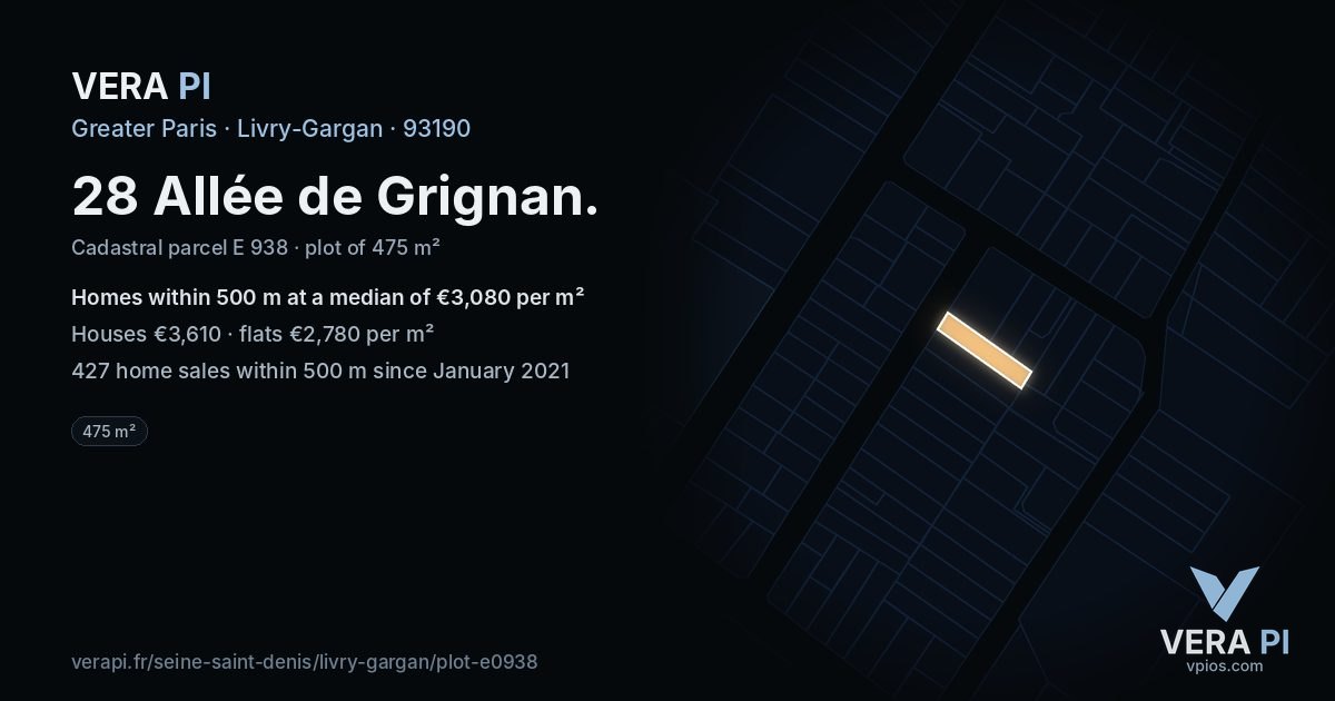 28 Allée de Grignan, Livry-Gargan at night – the plot lit, the parcels around coloured by the prices near them