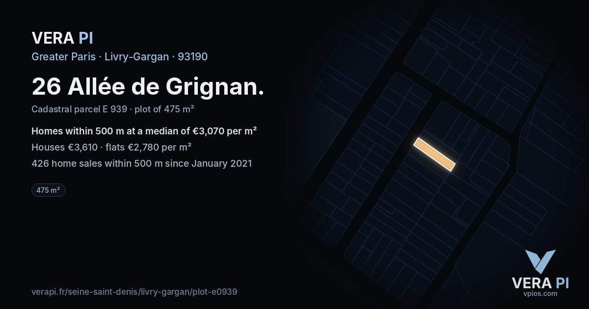 26 Allée de Grignan, Livry-Gargan at night – the plot lit, the parcels around coloured by the prices near them