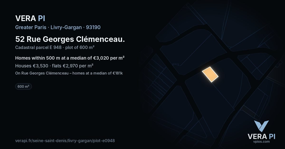 52 Rue Georges Clémenceau, Livry-Gargan at night – the plot lit, the parcels around coloured by the prices near them