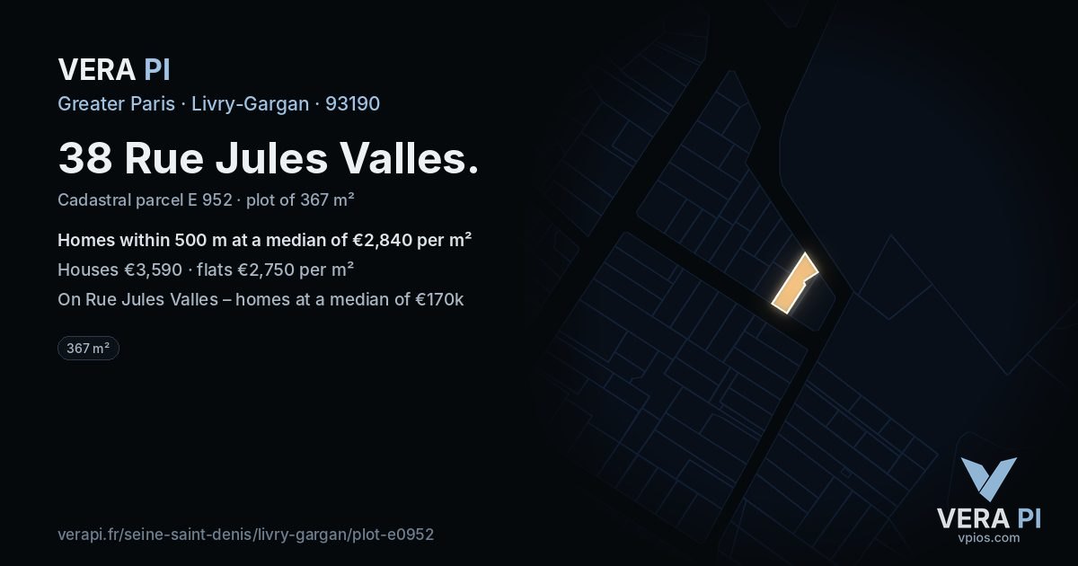 38 Rue Jules Valles, Livry-Gargan at night – the plot lit, the parcels around coloured by the prices near them