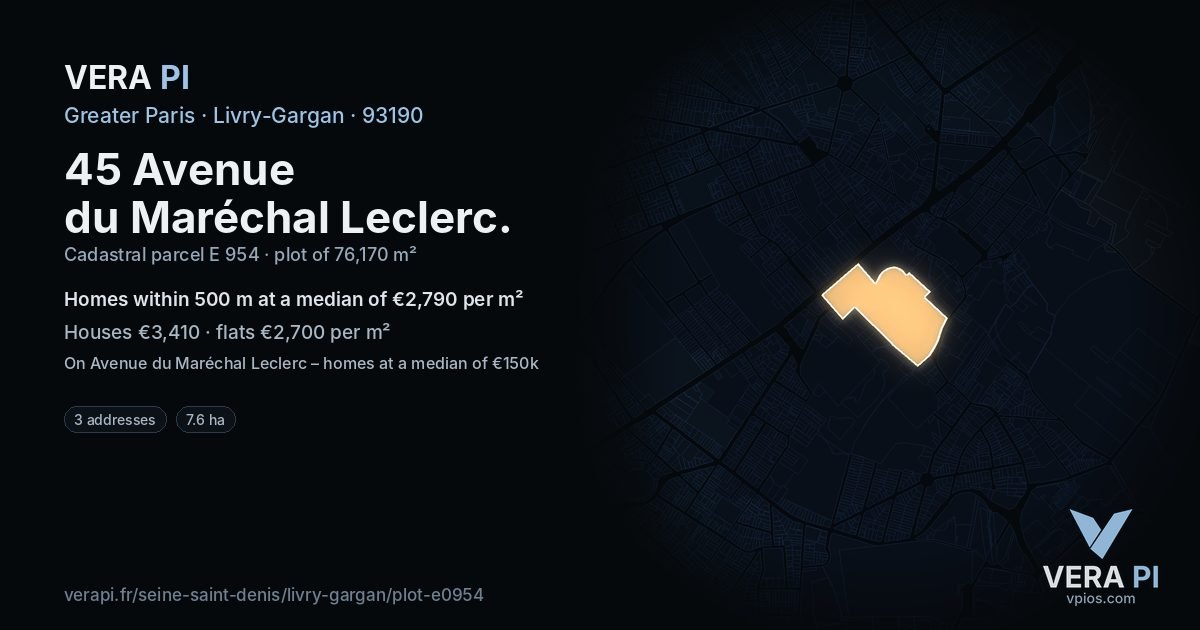 45 Avenue du Maréchal Leclerc, Livry-Gargan at night – the plot lit, the parcels around coloured by the prices near them