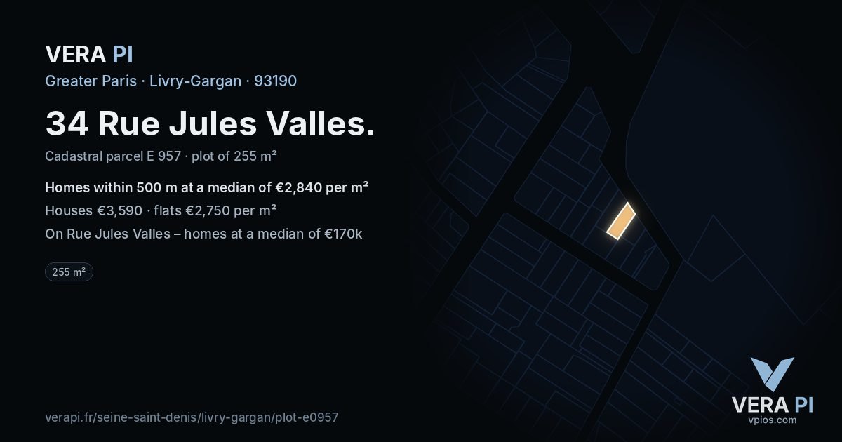 34 Rue Jules Valles, Livry-Gargan at night – the plot lit, the parcels around coloured by the prices near them