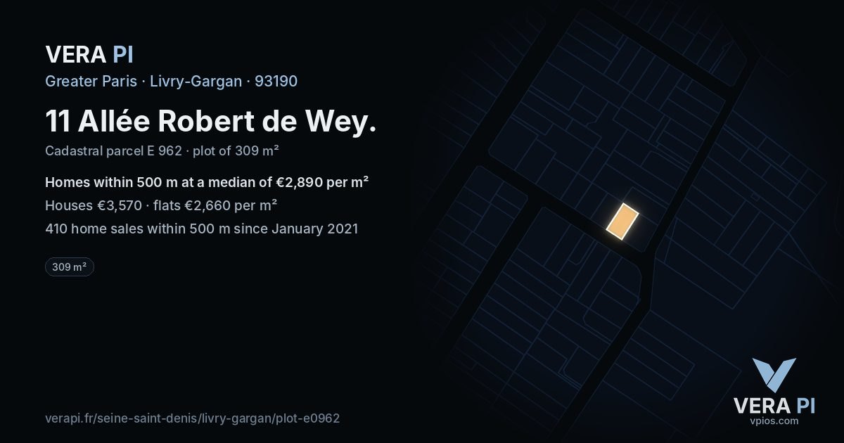 11 Allée Robert de Wey, Livry-Gargan at night – the plot lit, the parcels around coloured by the prices near them