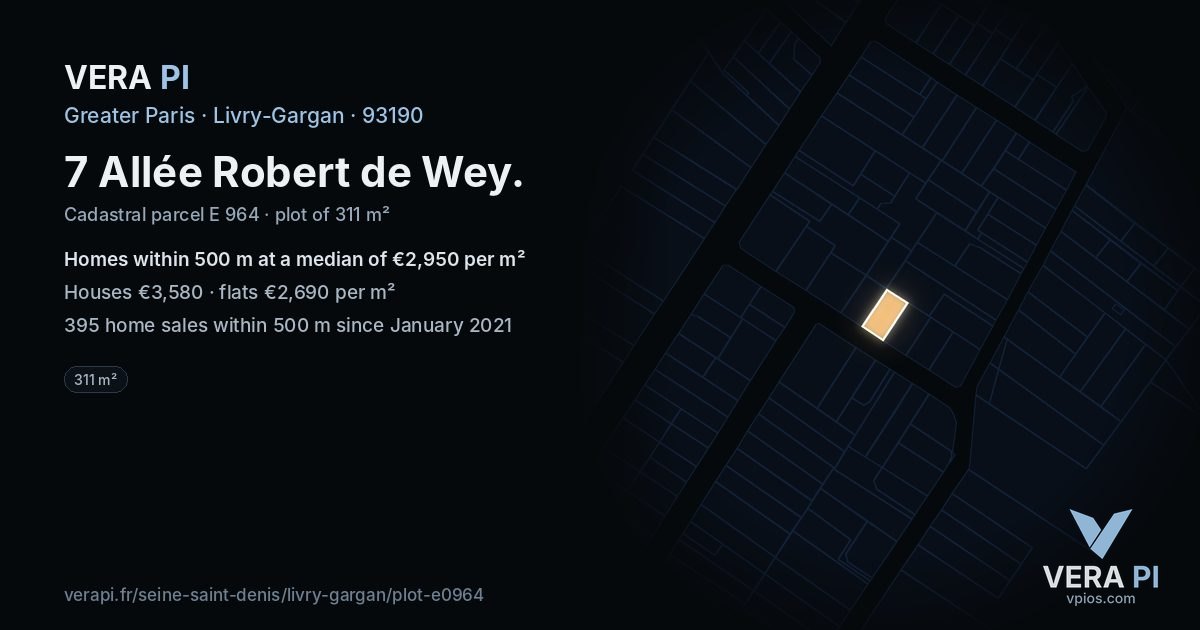 7 Allée Robert de Wey, Livry-Gargan at night – the plot lit, the parcels around coloured by the prices near them
