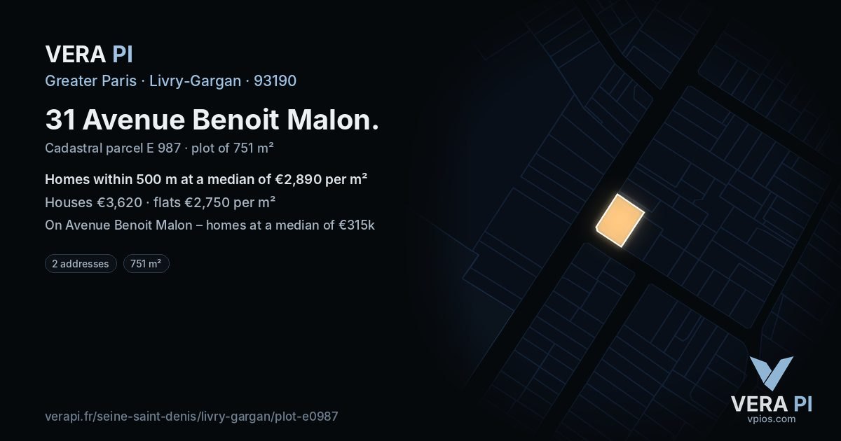 31 Avenue Benoit Malon, Livry-Gargan at night – the plot lit, the parcels around coloured by the prices near them