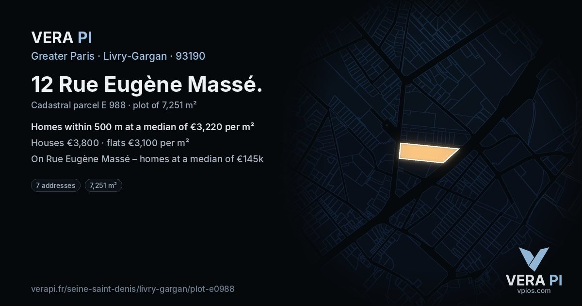 12 Rue Eugène Massé, Livry-Gargan at night – the plot lit, the parcels around coloured by the prices near them