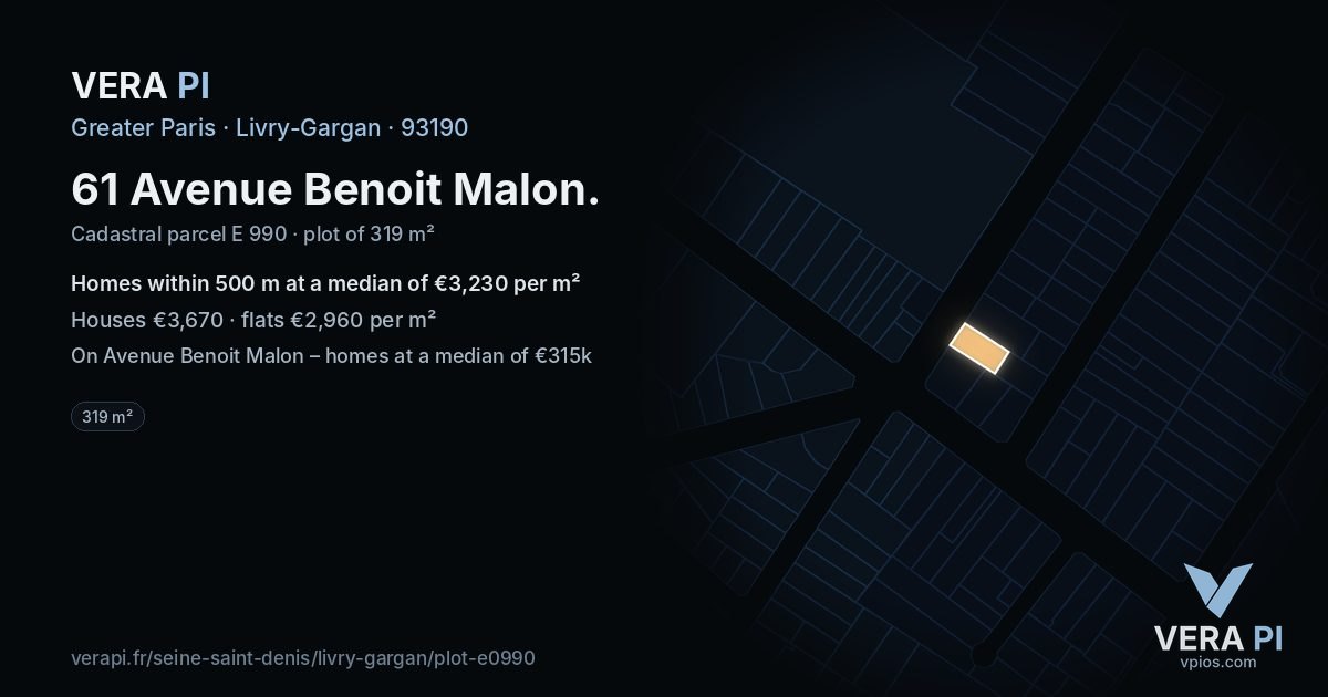 61 Avenue Benoit Malon, Livry-Gargan at night – the plot lit, the parcels around coloured by the prices near them