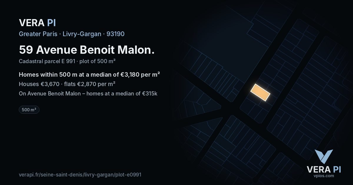 59 Avenue Benoit Malon, Livry-Gargan at night – the plot lit, the parcels around coloured by the prices near them