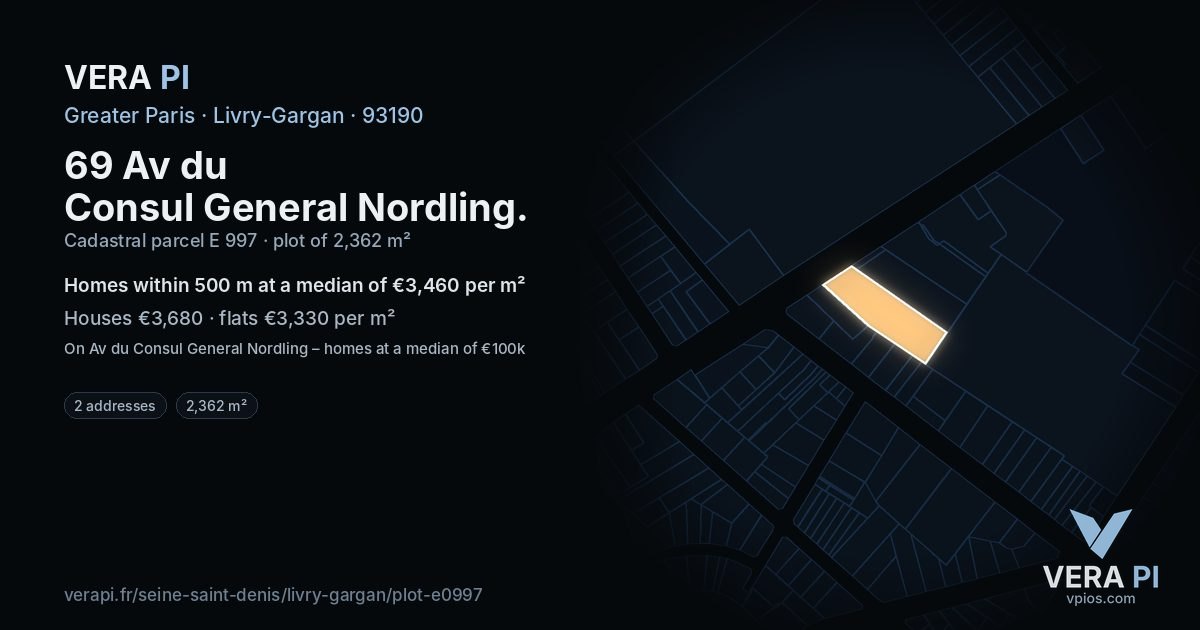 69 Av du Consul General Nordling, Livry-Gargan at night – the plot lit, the parcels around coloured by the prices near them