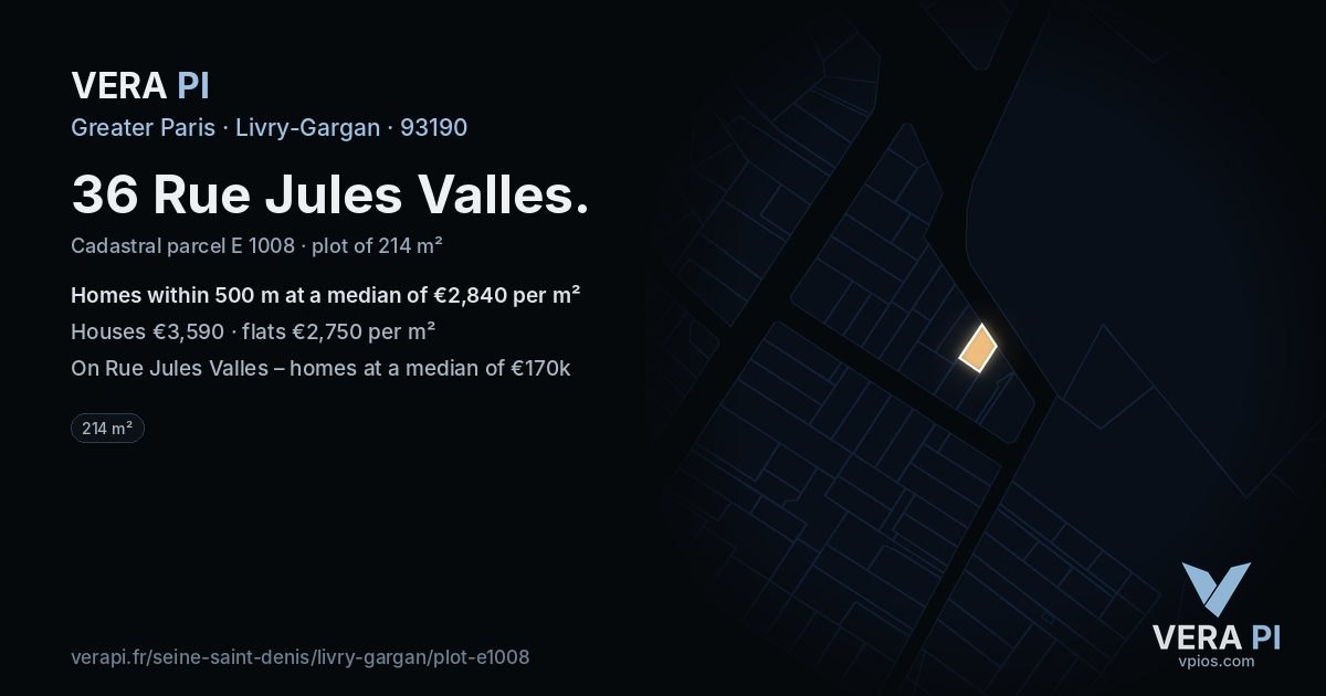 36 Rue Jules Valles, Livry-Gargan at night – the plot lit, the parcels around coloured by the prices near them