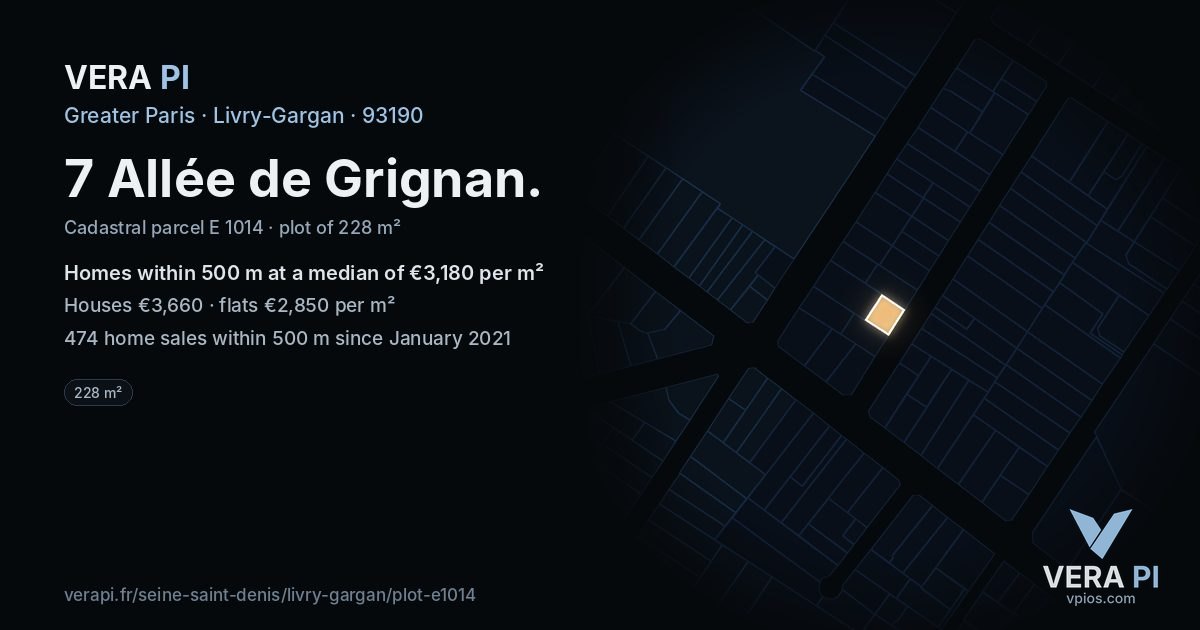 7 Allée de Grignan, Livry-Gargan at night – the plot lit, the parcels around coloured by the prices near them