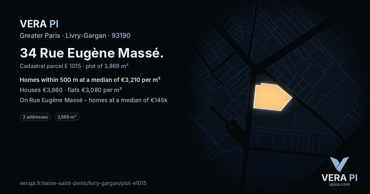 34 Rue Eugène Massé, Livry-Gargan at night – the plot lit, the parcels around coloured by the prices near them