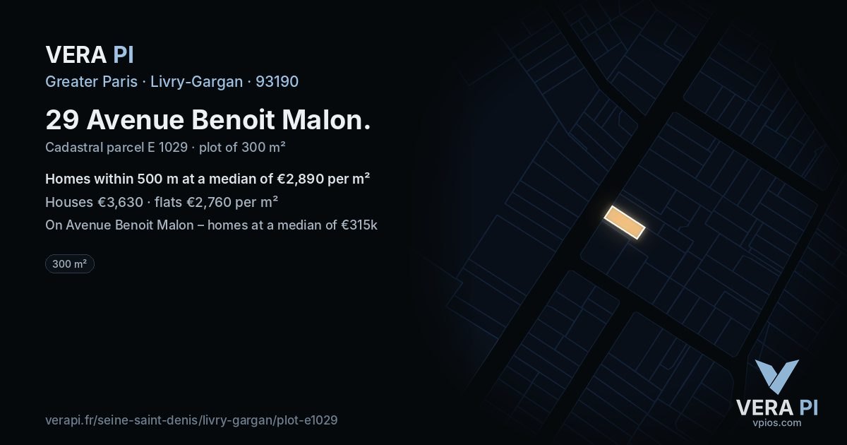 29 Avenue Benoit Malon, Livry-Gargan at night – the plot lit, the parcels around coloured by the prices near them