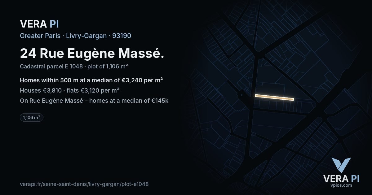 24 Rue Eugène Massé, Livry-Gargan at night – the plot lit, the parcels around coloured by the prices near them