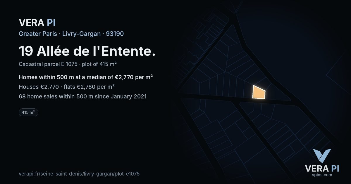 19 Allée de l'Entente, Livry-Gargan at night – the plot lit, the parcels around coloured by the prices near them
