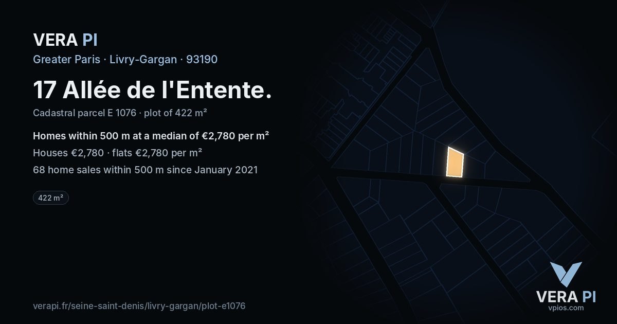 17 Allée de l'Entente, Livry-Gargan at night – the plot lit, the parcels around coloured by the prices near them