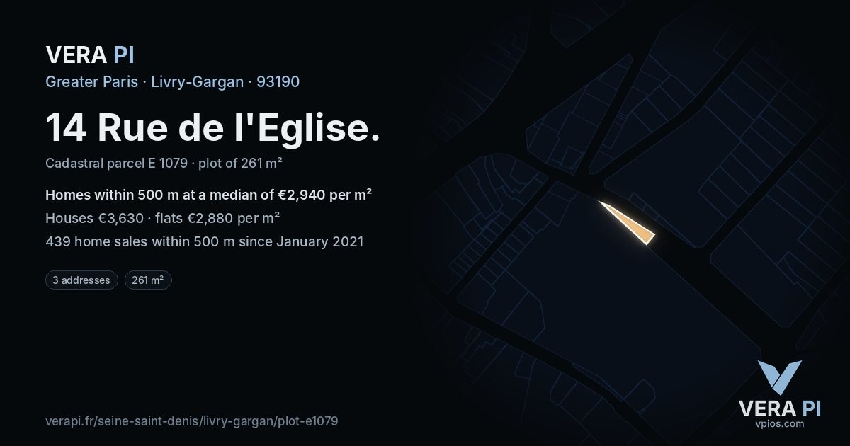 14 Rue de l'Eglise, Livry-Gargan at night – the plot lit, the parcels around coloured by the prices near them