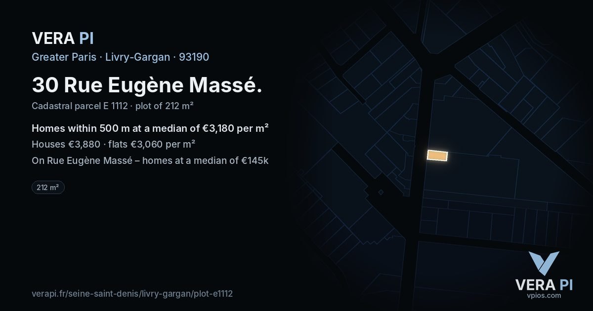 30 Rue Eugène Massé, Livry-Gargan at night – the plot lit, the parcels around coloured by the prices near them