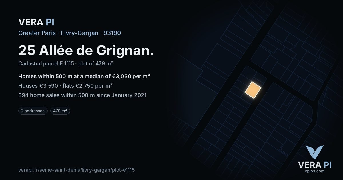 25 Allée de Grignan, Livry-Gargan at night – the plot lit, the parcels around coloured by the prices near them