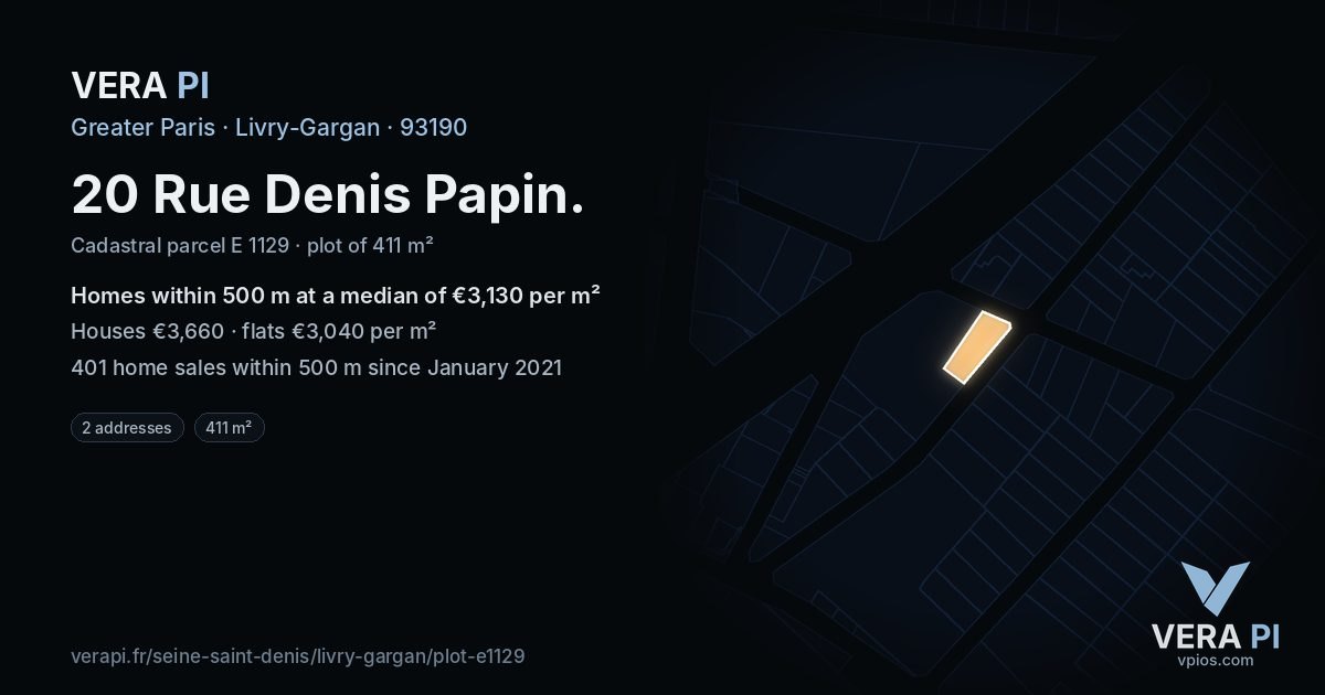 20 Rue Denis Papin, Livry-Gargan at night – the plot lit, the parcels around coloured by the prices near them