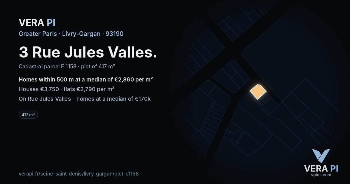 3 Rue Jules Valles, Livry-Gargan at night – the plot lit, the parcels around coloured by the prices near them