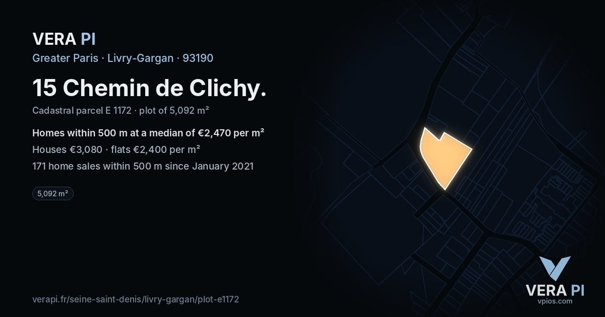 15 Chemin de Clichy, Livry-Gargan at night – the plot lit, the parcels around coloured by the prices near them