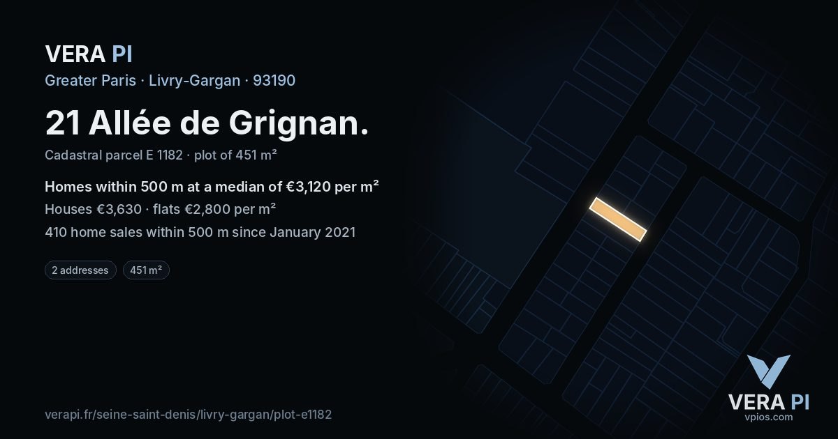 21 Allée de Grignan, Livry-Gargan at night – the plot lit, the parcels around coloured by the prices near them
