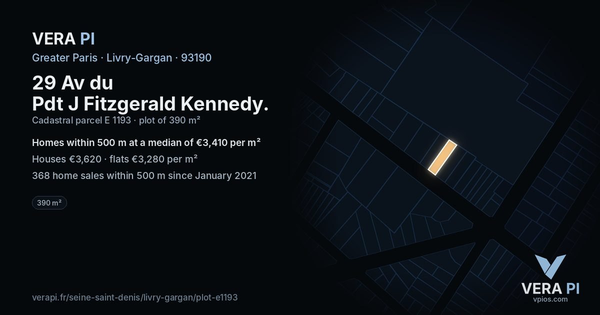 29 Av du Pdt J Fitzgerald Kennedy, Livry-Gargan at night – the plot lit, the parcels around coloured by the prices near them