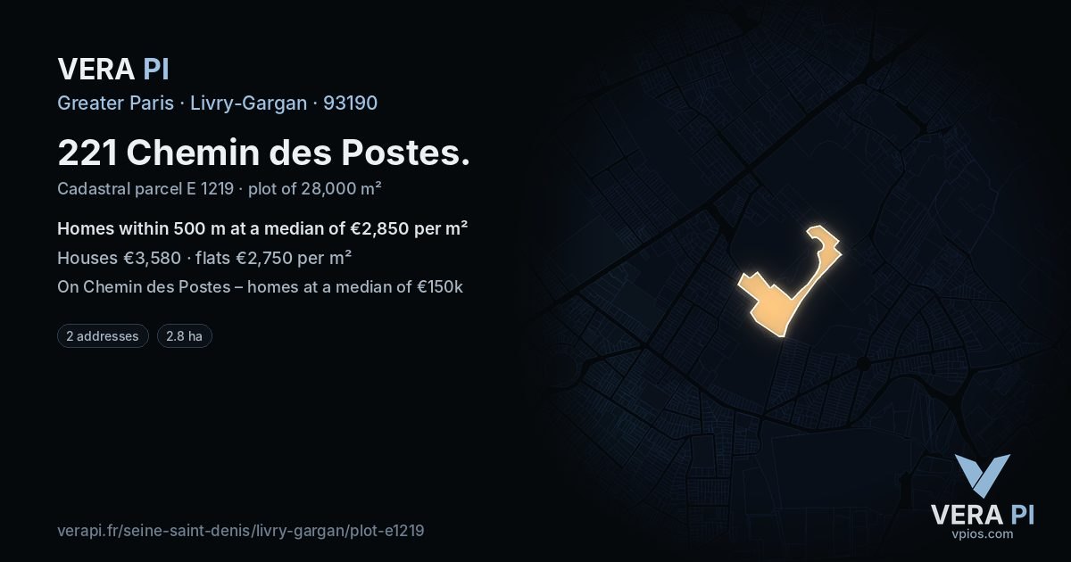 221 Chemin des Postes, Livry-Gargan at night – the plot lit, the parcels around coloured by the prices near them