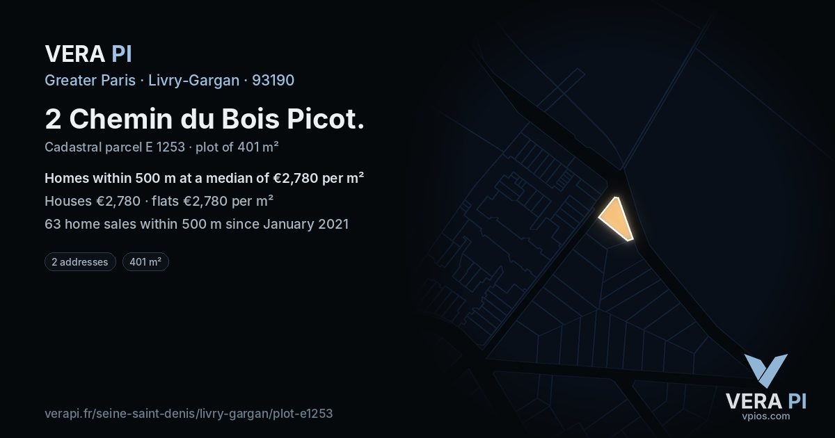 2 Chemin du Bois Picot, Livry-Gargan at night – the plot lit, the parcels around coloured by the prices near them
