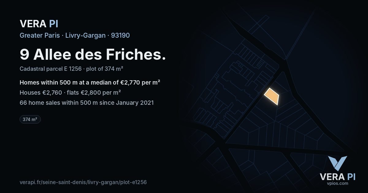 9 Allee des Friches, Livry-Gargan at night – the plot lit, the parcels around coloured by the prices near them