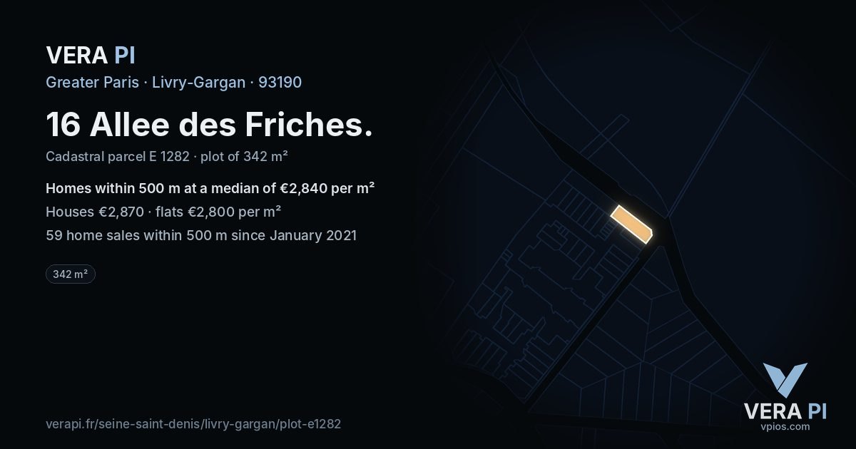 16 Allee des Friches, Livry-Gargan at night – the plot lit, the parcels around coloured by the prices near them
