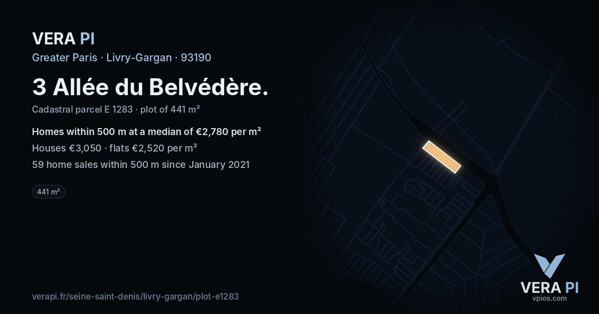 3 Allée du Belvédère, Livry-Gargan at night – the plot lit, the parcels around coloured by the prices near them