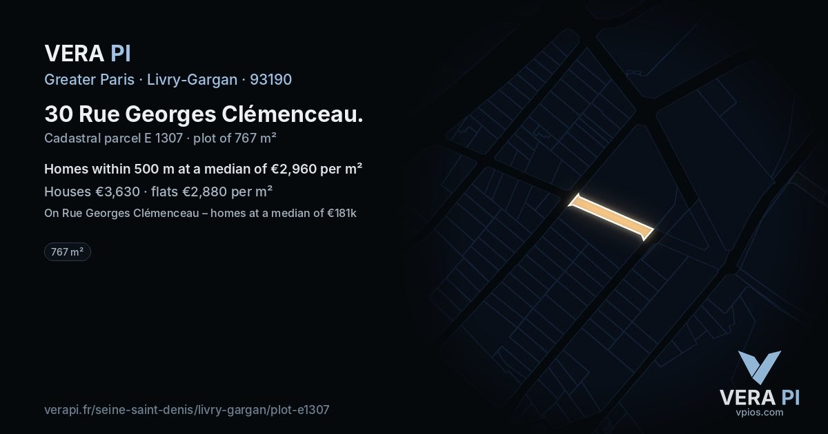 30 Rue Georges Clémenceau, Livry-Gargan at night – the plot lit, the parcels around coloured by the prices near them