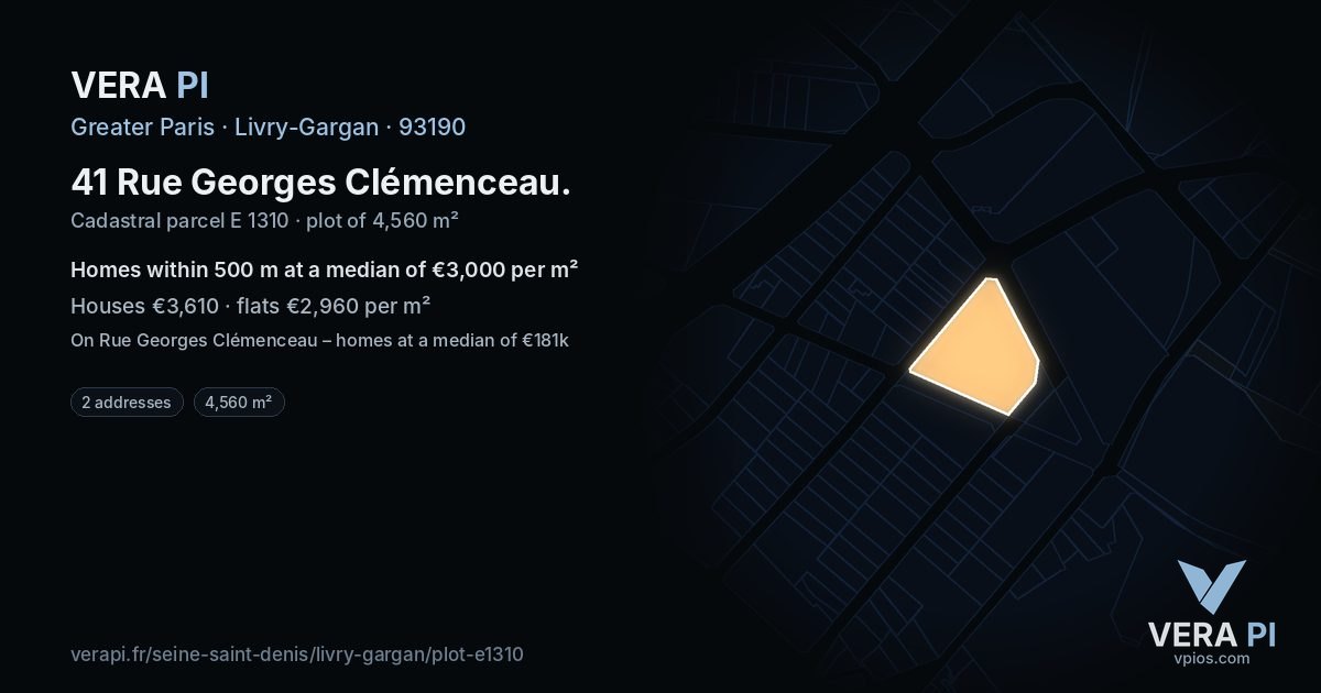41 Rue Georges Clémenceau, Livry-Gargan at night – the plot lit, the parcels around coloured by the prices near them