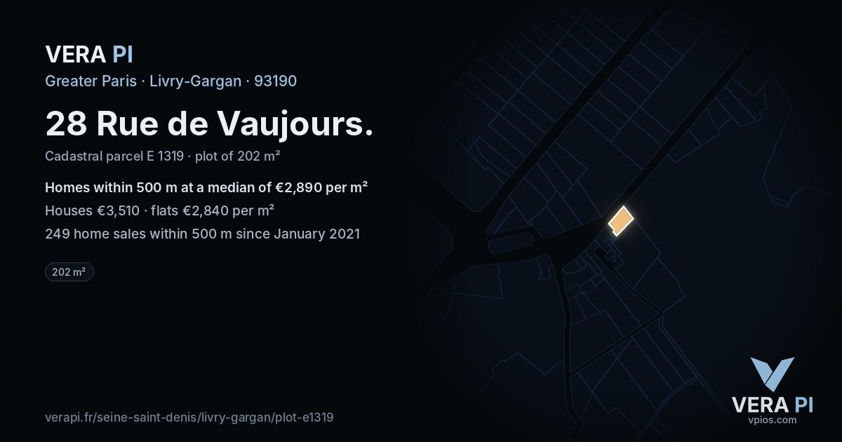 28 Rue de Vaujours, Livry-Gargan at night – the plot lit, the parcels around coloured by the prices near them