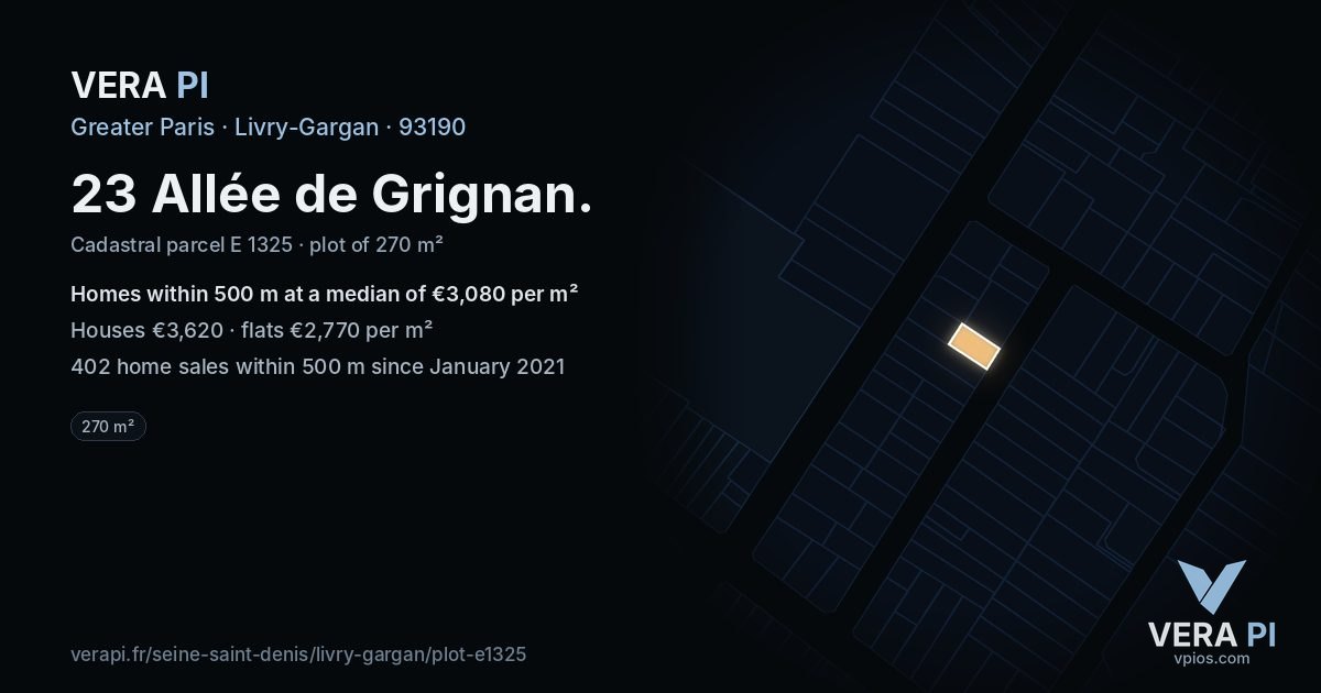 23 Allée de Grignan, Livry-Gargan at night – the plot lit, the parcels around coloured by the prices near them