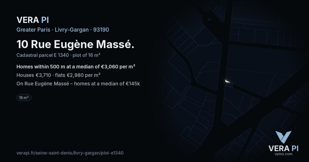 10 Rue Eugène Massé, Livry-Gargan at night – the plot lit, the parcels around coloured by the prices near them