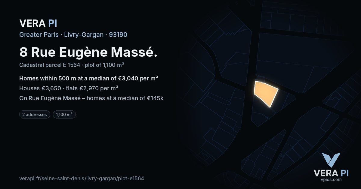 8 Rue Eugène Massé, Livry-Gargan at night – the plot lit, the parcels around coloured by the prices near them