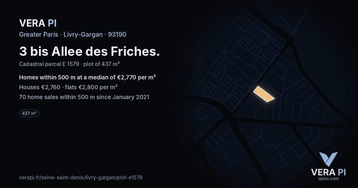 3 bis Allee des Friches, Livry-Gargan at night – the plot lit, the parcels around coloured by the prices near them