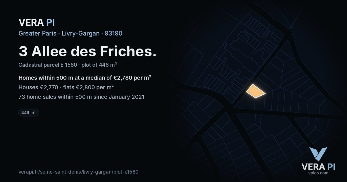 3 Allee des Friches, Livry-Gargan at night – the plot lit, the parcels around coloured by the prices near them