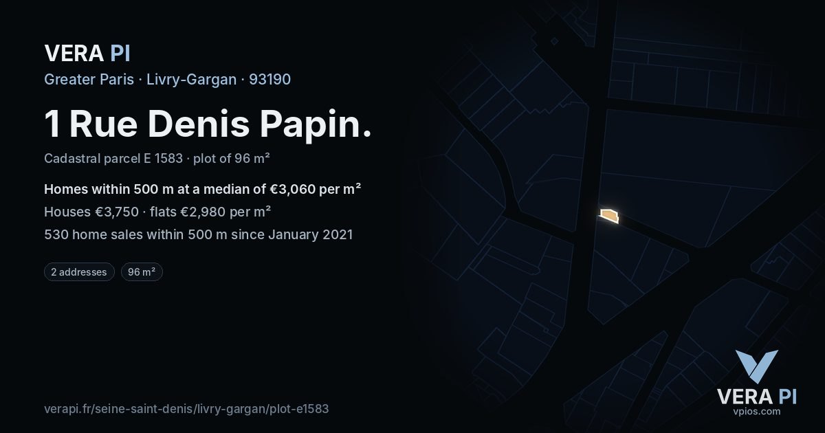 1 Rue Denis Papin, Livry-Gargan at night – the plot lit, the parcels around coloured by the prices near them