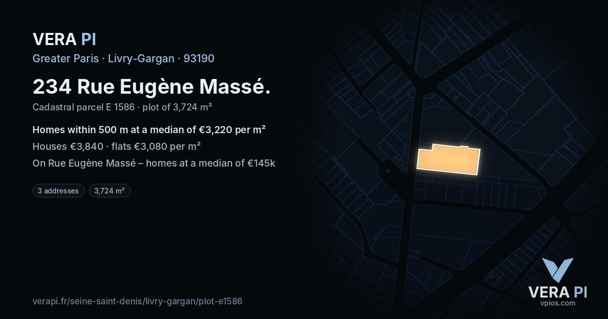 234 Rue Eugène Massé, Livry-Gargan at night – the plot lit, the parcels around coloured by the prices near them