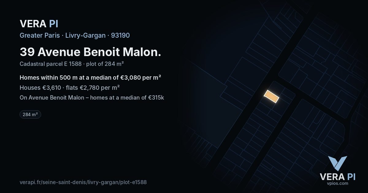 39 Avenue Benoit Malon, Livry-Gargan at night – the plot lit, the parcels around coloured by the prices near them