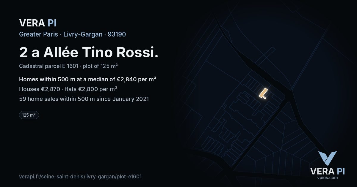 2 a Allée Tino Rossi, Livry-Gargan at night – the plot lit, the parcels around coloured by the prices near them
