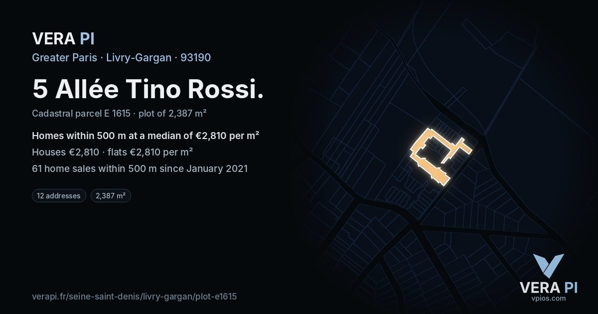 5 Allée Tino Rossi, Livry-Gargan at night – the plot lit, the parcels around coloured by the prices near them